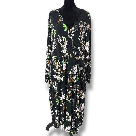Yock Black Label Floral Black Faux Wrap Front Long Sleeve V-Neck Midi Dress - Picture 13 of 16